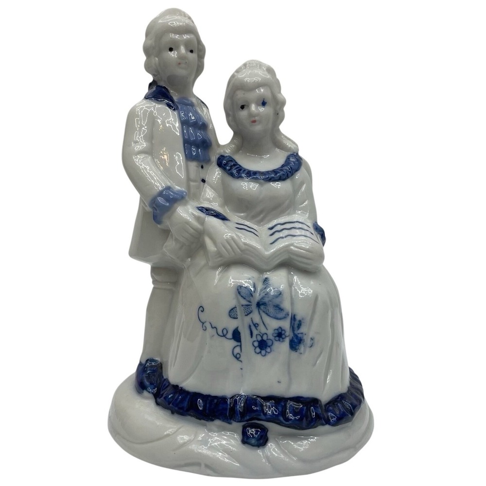 Vintage Blue White Porcelain Figurine Colonial Couple Book‎ Taiwan 6"